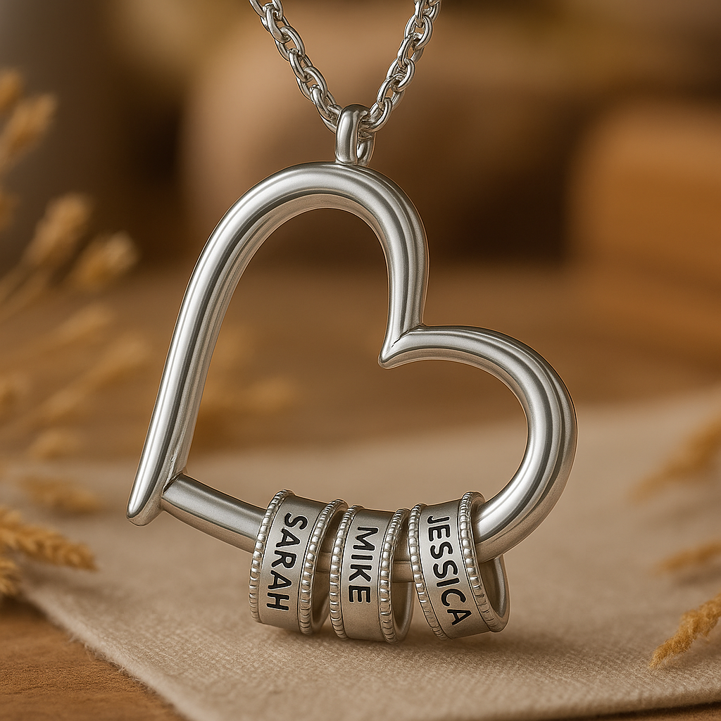 Engraved Heart Pendant with Customizable Name Charms